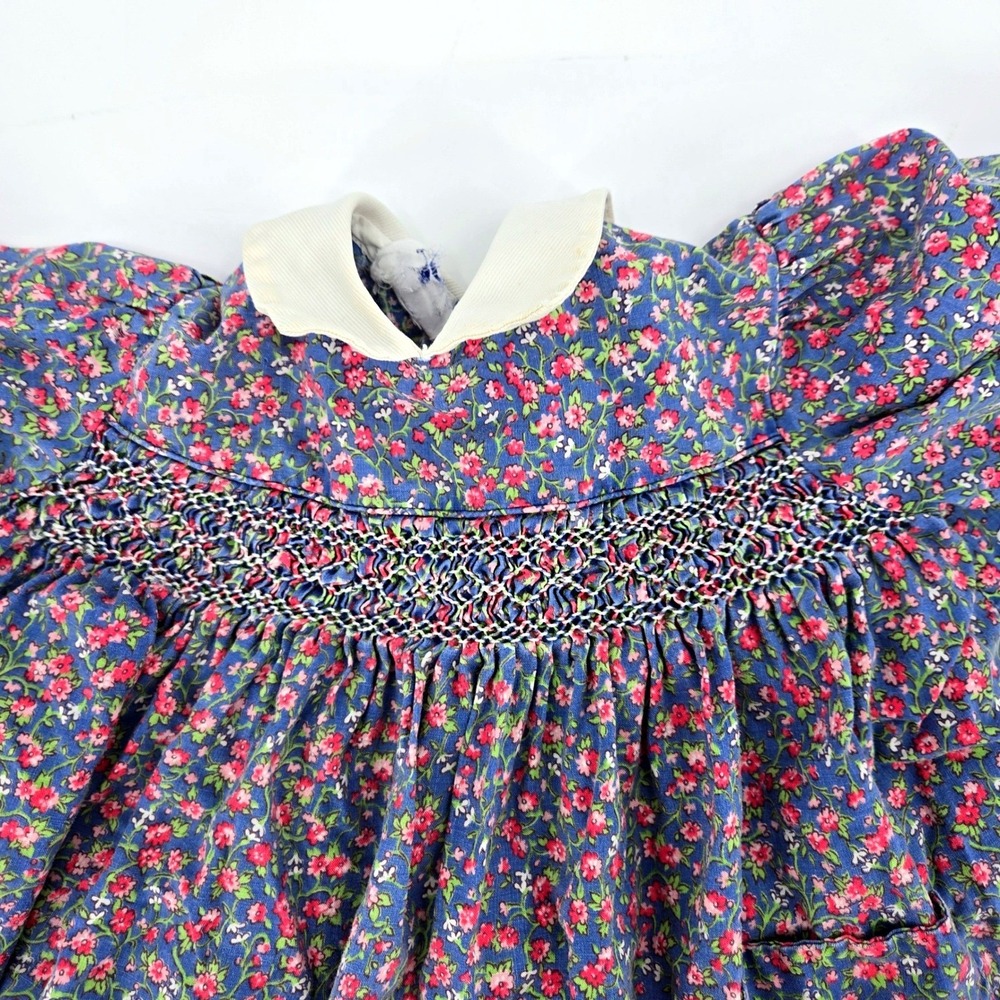 Vintage Polly Flinders Toddler Girl 2T Blue Floral‎ Hand Smocked Dress